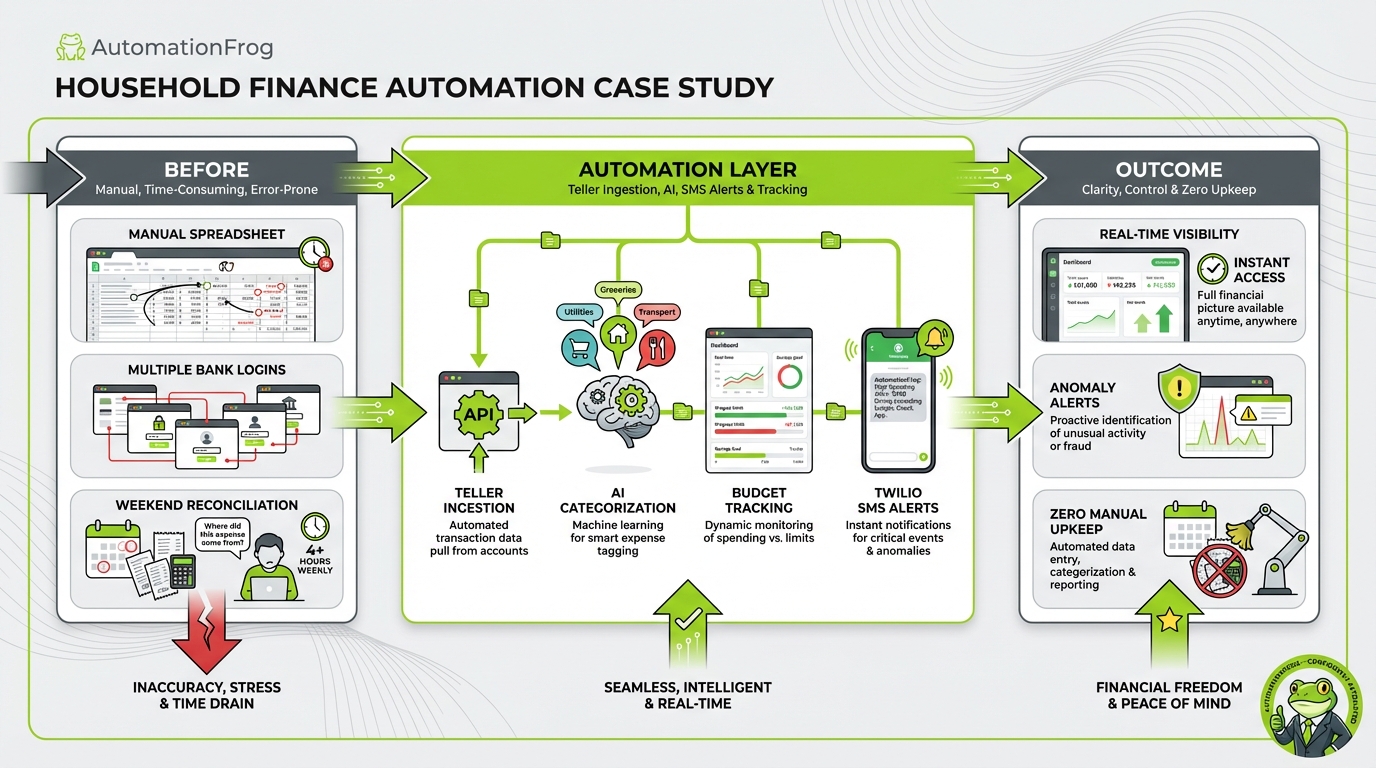 Infographic showing the family finance flow from manual spreadsheets to automated ingest, AI categorization, and SMS alerts.