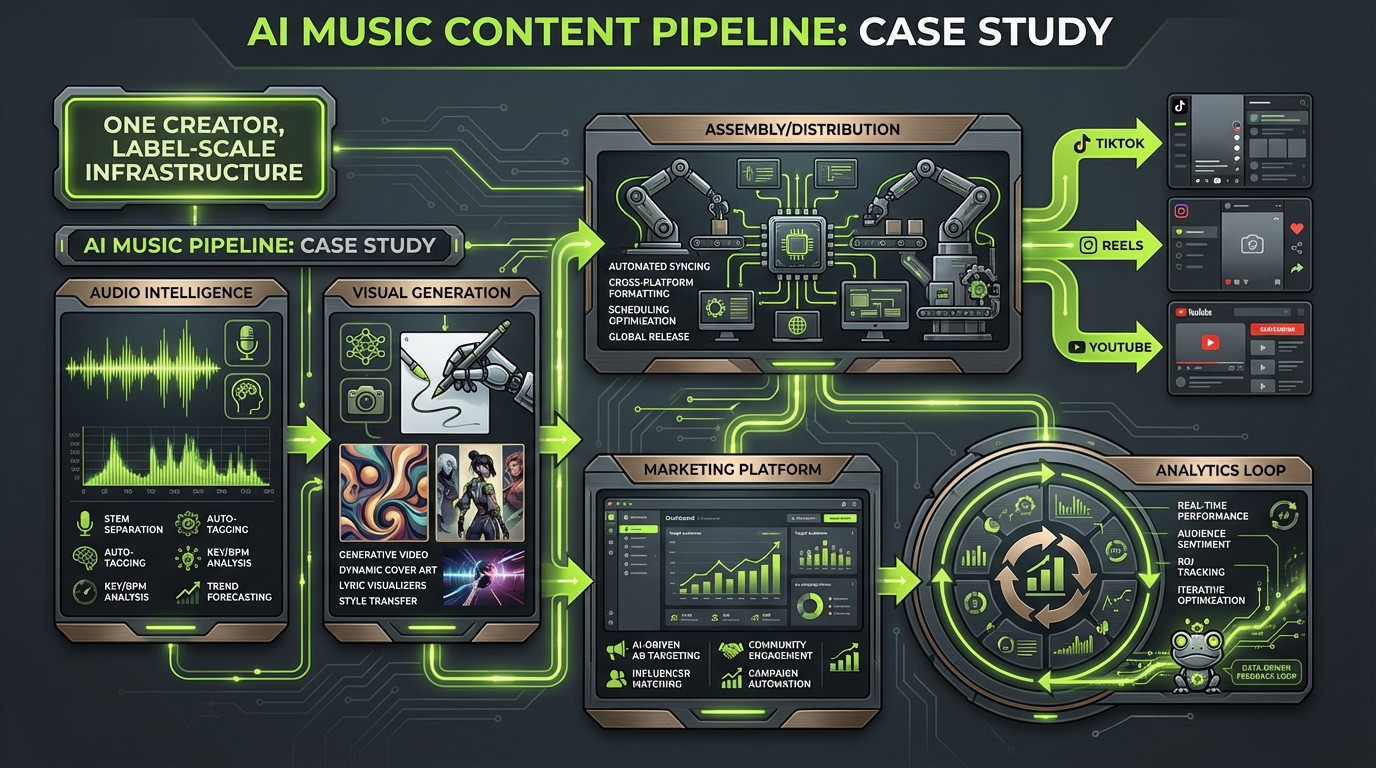 Infographic showing the music video pipeline from audio input through AI generation, distribution, and revenue capture.